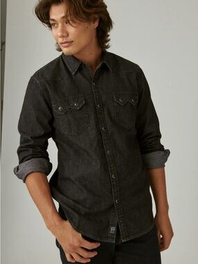 Lucky Brand Men's Black Washed Denim Button-Down Shirt